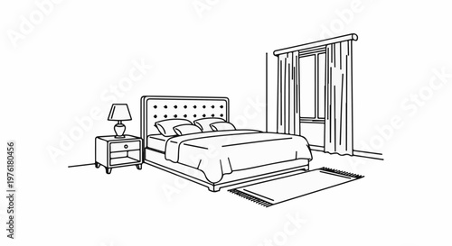 A cozy bedroom scene with a tufted headboard bed, nightstand, and window