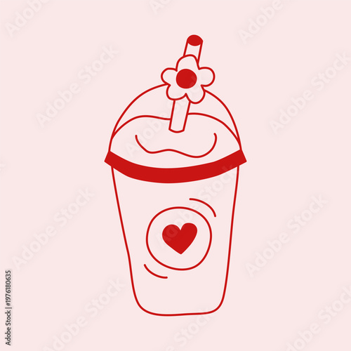 Cute doodle outline milkshake in plastic cup to go with straw isolated on pastel background. Hand drawn smoothie in line art Mediterranean style. Creamy summer party beverage.