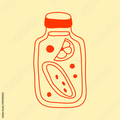 Cute doodle outline detox water with lemon and cucumber slices isolated on pastel background. Hand drawn fruity summer drink in line art Mediterranean style. Fresh detox juice in plastic bottle.