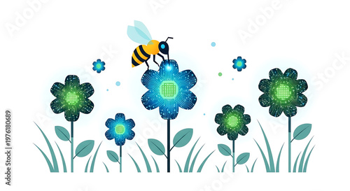 A colorful vector illustration of a bee flying over vibrant flowers in a garden