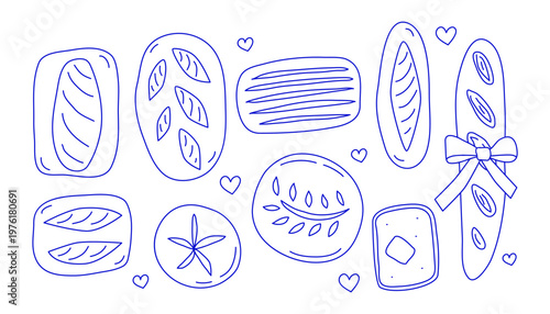 Set of cute hand drawn bread, loaf, buns, baguette and ciabatta in Mediterranean line art style isolated on white background. Doodle outline breakfast toast with butter top view. Lovely baked goods.