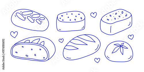Set of cute hand drawn bread, loaf, buns and ciabatta in Mediterranean line art style isolated on white background. Lovely doodle outline baked goods. Cutted wholegrain bread with seeds.