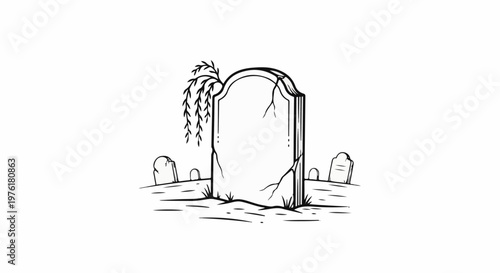 A cracked, blank tombstone stands in a cemetery with a weeping willow branch