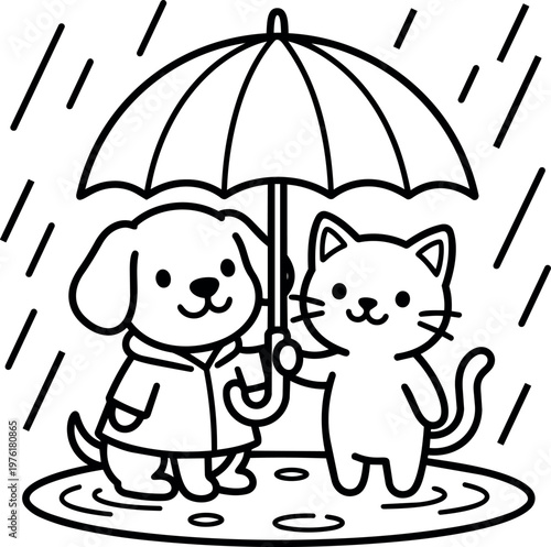 Cute dog and cat sharing umbrella in rain vector art black and white