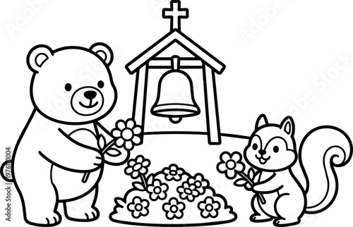 Black and white line art bear and squirrel holding flowers near chapel bell