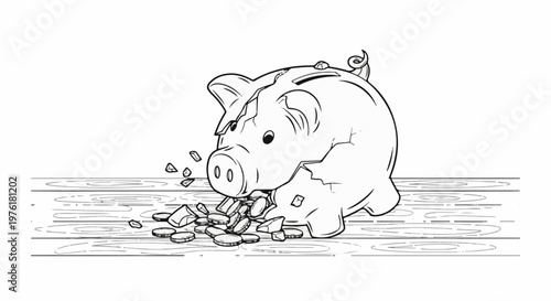 A cracked piggy bank spills coins onto a wooden surface