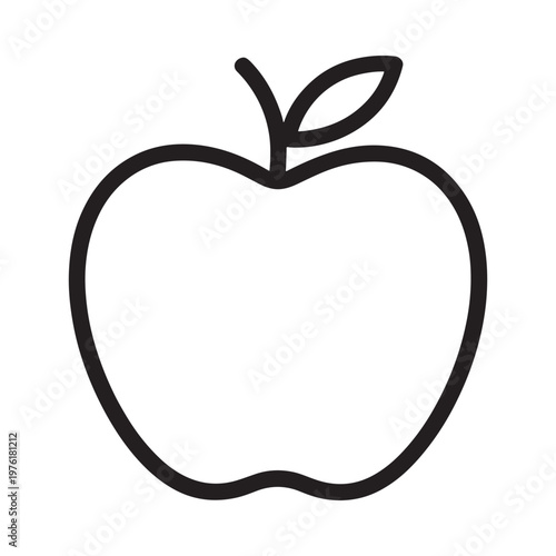 Simple black and white line drawing of a single apple with a leaf