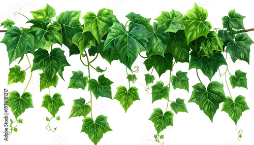 Digitally rendered garland featuring lush, green leaves attached to thin, brown stems, against a transparent backdrop. It is nature-inspired