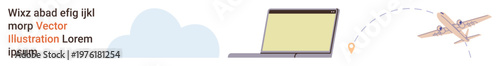 Cloud technology, travel booking, digital connectivity, online reservation, global travel, remote work. Illustration of a laptop, fluffy cloud and airplane with a dotted flight path. Cloud