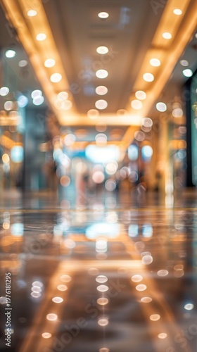 Blurred hallway illuminated by warm ceiling lights, creating a mesmerizing bokeh effect reflected on the polished floor, evoking a dreamy atmosphere.