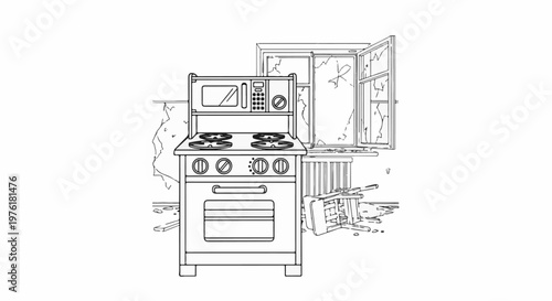 A cracked window overlooks a toy kitchen with a fallen chair and debris