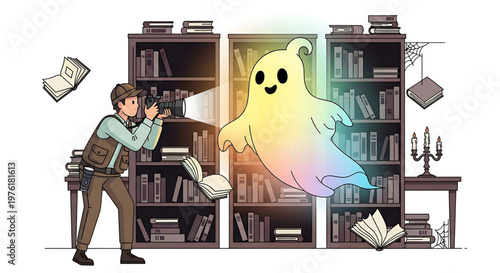 A cartoon illustration of a photographer capturing a ghost in a library with books and spooky decorations
