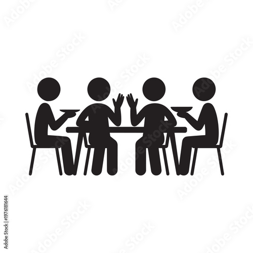 Simple black silhouette illustration of four people seated around a table