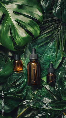 Amber essential oil bottles nestled among lush tropical leaves, showcasing natural skincare products in a vibrant green jungle-inspired setting.