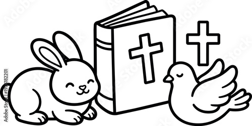 Black and white line art bunny bible dove with crosses illustration