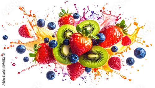 A vibrant splash of colorful fruits including strawberries, kiwis, raspberries, and blueberries. The image captures the juicy freshness with droplets