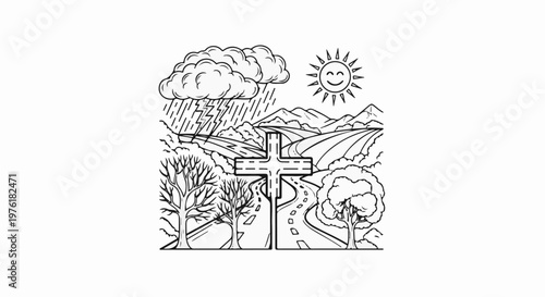 A cross-shaped intersection with a stormy sky and a sunny sky, surrounded by nature