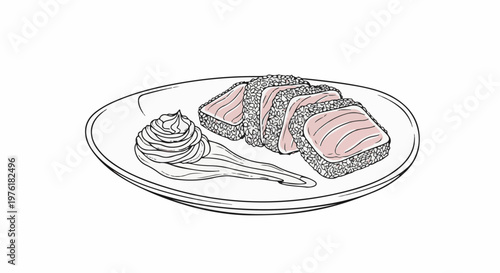 Sliced pink fish coated in grains served with a dollop of paste on a white plate