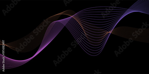 Smooth neon sound wave on black background. Abstract flowing wavy lines design for ai concept, eq equalizer, audio record, voice assistant. Blue pink orange gradient curve stripe wallpaper. Vector