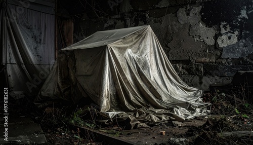 Weathered canvas tarp covering an unknown object in a dark, abandoned structure.