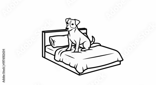 Small dog sits attentively on a neatly made bed with a pillow