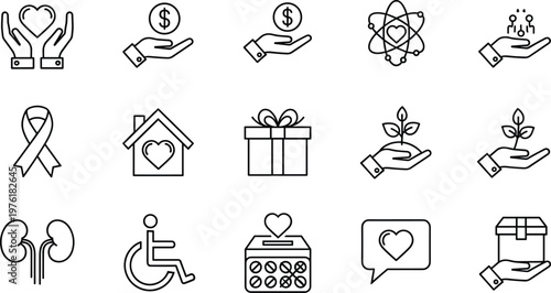 Charity and donation icon set, healthcare support symbols, financial help, social care concept, outline vector icons, nonprofit aid and welfare collection