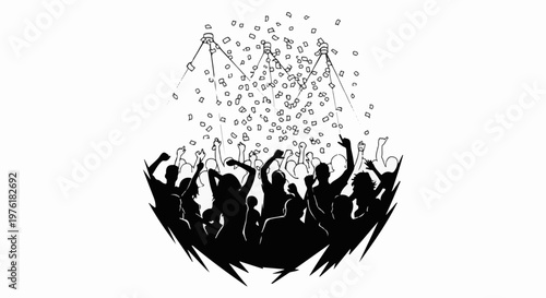 A crowd of silhouetted figures with arms raised in celebration under falling confetti