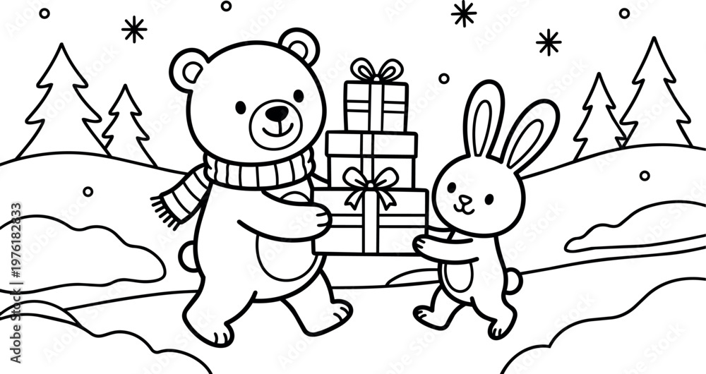 Naklejka premium Black and white bear and rabbit carrying stacked presents in snowy winter forest line art