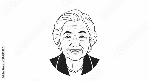 Smiling elderly woman with wavy hair, pearl necklace and suit