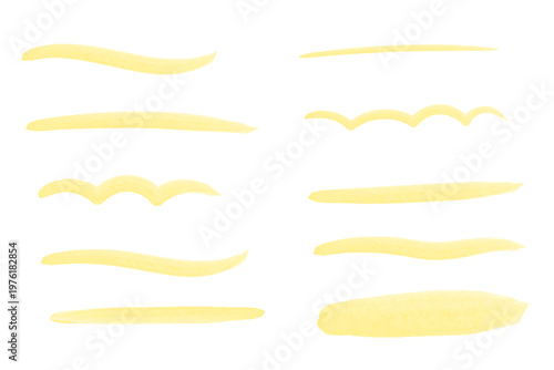 水彩風の黄色い手描き下線セット シンプル装飾ライン素材集