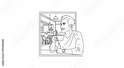 Smiling man enjoys a hot beverage in a cafe