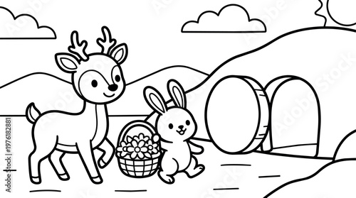 Black and white line art bunny carrying basket with flowers and deer near empty tomb on hill