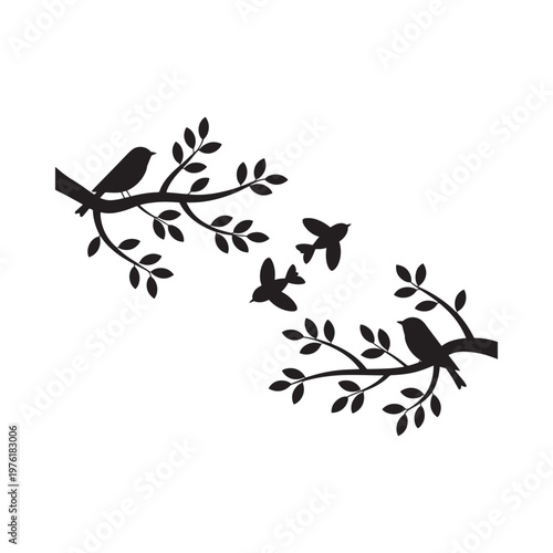 Silhouette of birds perched on branches with leaves a minimalist design