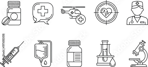 Medical healthcare icon set, hospital equipment symbols, medicine bottle syringe IV drip microscope, doctor service icons, outline vector, clinical concept