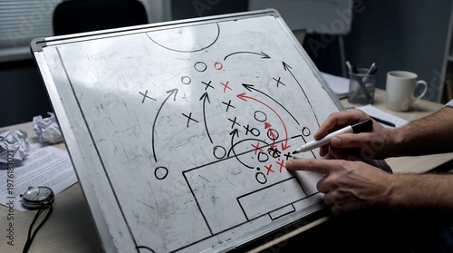 Football: Coach Drawing Match Tactics on Strategy Board