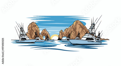 Several luxury yachts are anchored in a bay near rocky arches