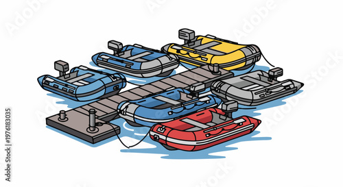 Several inflatable boats of various colors are moored at a wooden dock