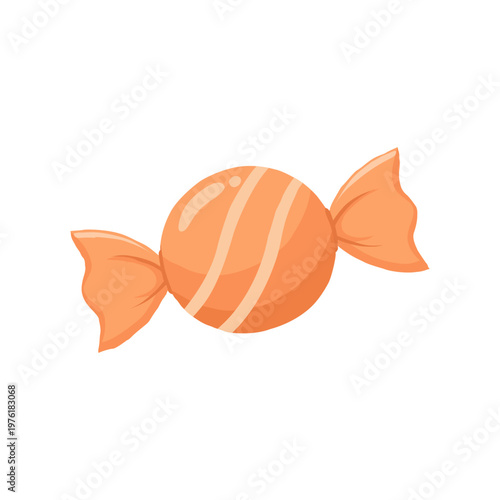 Cute orange candy illustration with sweet wrapped confection and shiny striped caramel design.