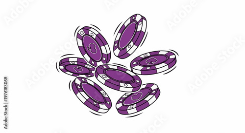 Several purple and white chips with suits are tumbling through space