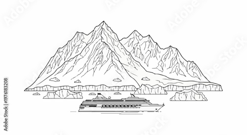A cruise ship sails past majestic, snow-capped mountains and icebergs