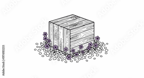A cubic wooden object sits on pebbles surrounded by small purple flowers
