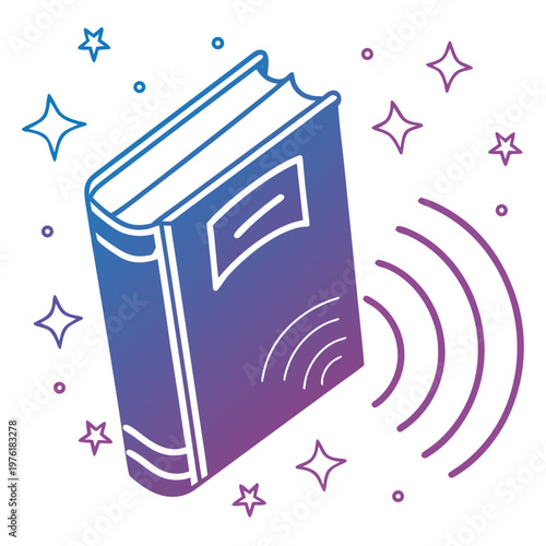 Open book with radiating sound waves and stars symbolizing audiobook or audible content creation, reading, and learning.