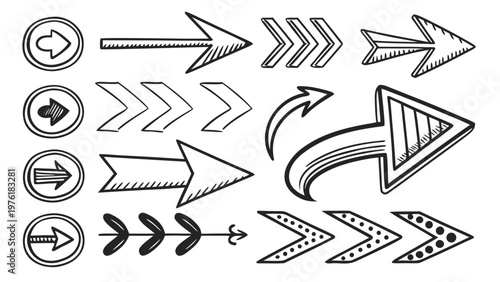 A set of black and white vector arrows and pointers in various styles and designs