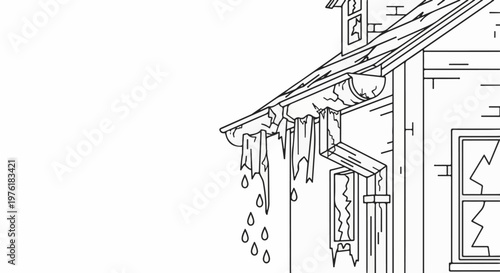 A damaged, icy structure with dripping water and cracked windows