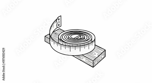 Schematic drawing of a measuring tape coiled on a wooden base