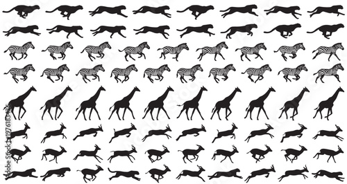 Safari Running and Action Silhouettes Set Pack. Editable Vector Stroke Illustration. featuring cheetah, zebra, giraffe, antelope, gazelle, animal, wildlife, wild, fauna, mammal more silhouettes.