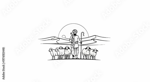 Shepherd guides flock through desert dunes at sunset