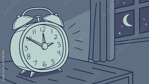 A minimalist vector illustration of an alarm clock ringing on a bedside table at night