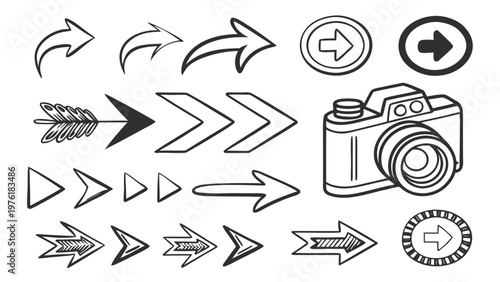 A set of black and white vector graphic arrows and a camera icon for design and illustration purposes
