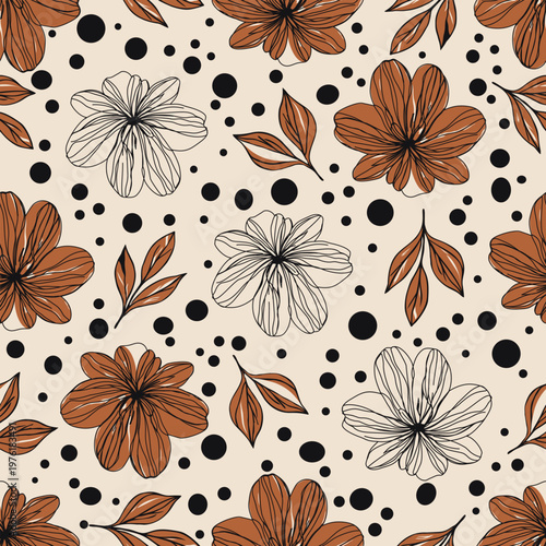 Elegant floral pattern with brown and black hand-drawn flowers and leaves on beige background, seamless botanical design featuring organic line art blooms and scattered dots for textile and wallpaper.